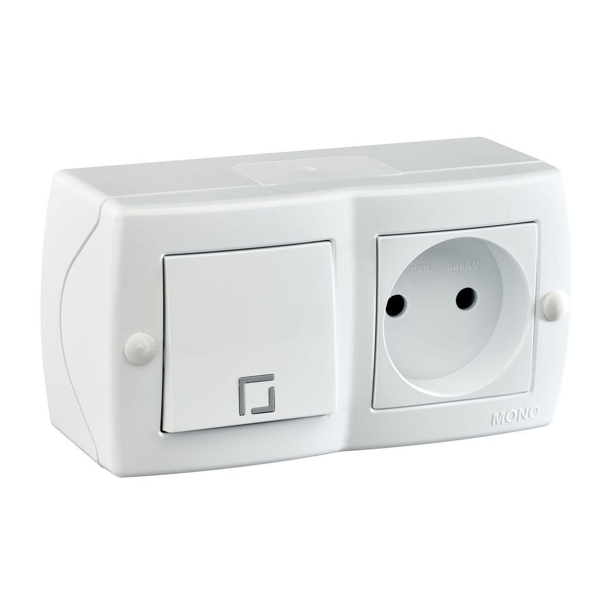 Выключатель одноклавишный + розетка без заземления Mono Electric Octans IP20 10А 250В белый 104-010101-185 в Санкт-Петербурге