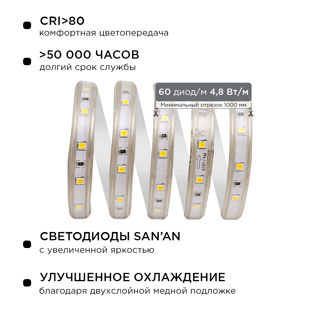 Комплект светодиодной ленты Apeyron 220В 4,8Вт/м smd3528/2835 60д/м IP65 300Лм/м 5м 6000К (сетевой шнур, заглушка, крепежи)  10-04 в Санкт-Петербурге