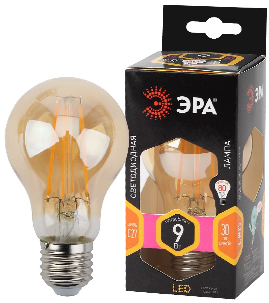Лампа светодиодная Эра E27 9W 2700K F-LED A60-9W-827-E27 gold Б0035038 в Санкт-Петербурге