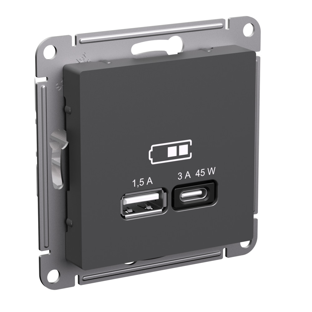 Розетка USB A + тип-C 45Вт высокоскор.заряд. QC, PD Systeme Electric AtlasDesign Базальт ATN001429 в Санкт-Петербурге