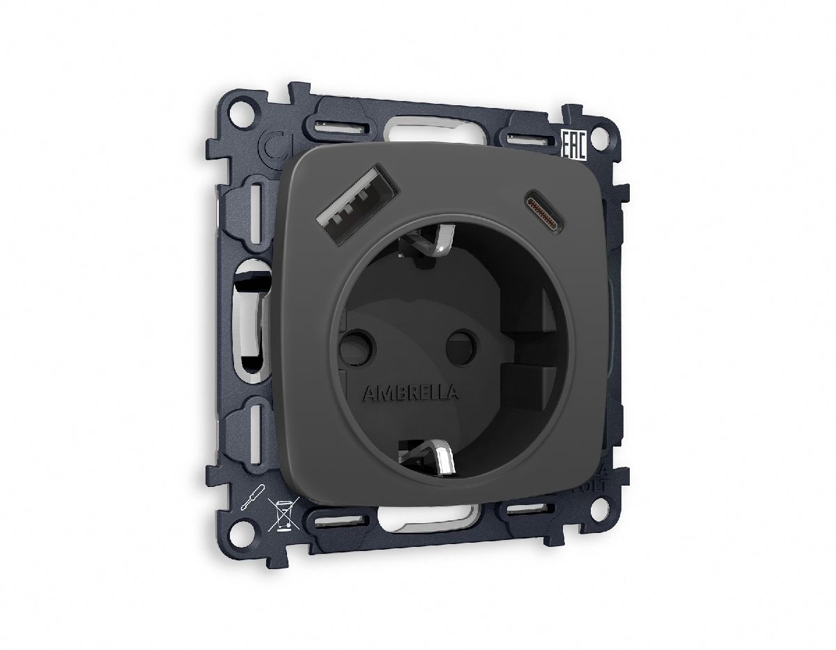Комплект механизма розетки 2USB A+C 20W (быстрая зарядка) с/з Ambrella Volt Omega MO910010 в Санкт-Петербурге