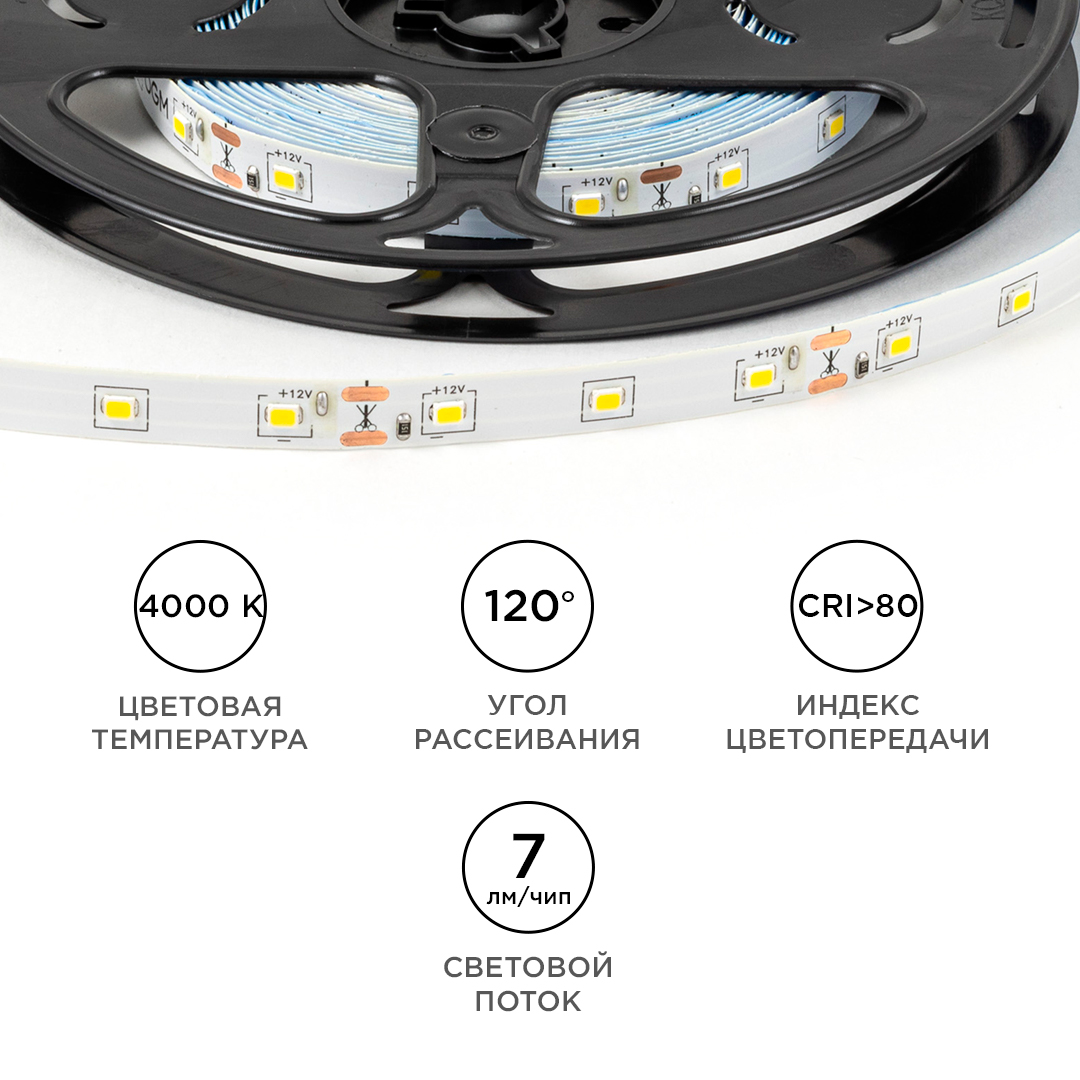 Светодиодная лента Apeyron 12В 2835 4,8Вт/м 4000К 7Лм/чип 5м IP20 LSE-247 в Санкт-Петербурге