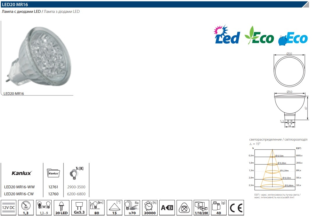 Лампа светодиодная Kanlux LED20 GX5.3 1,3W 3200К 12761 в Санкт-Петербурге