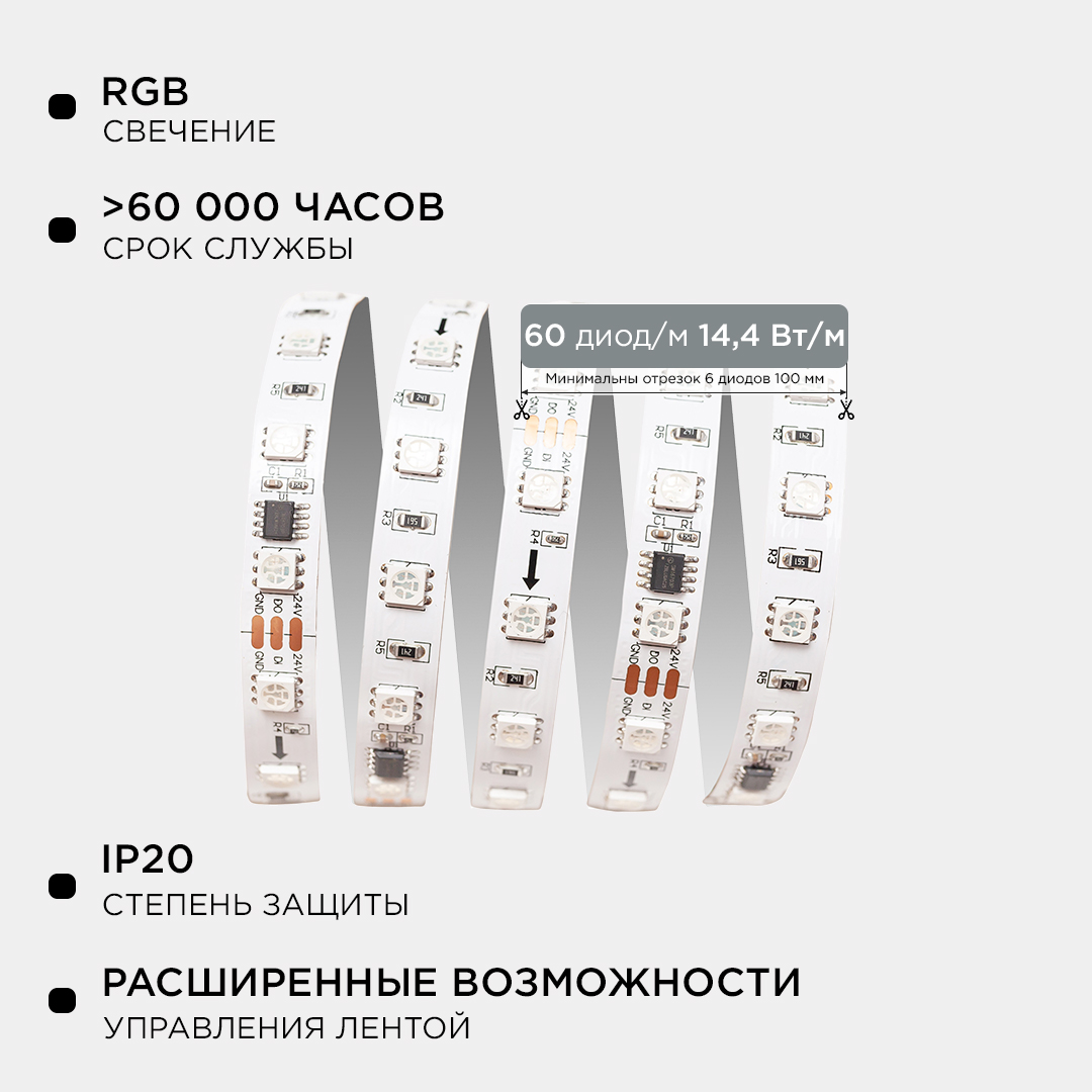 Комплект адресной светодиодной ленты Apeyron 24В 14,4Вт/м smd5050 60д/м IP20 2м RGB (адаптер питания, контроллер) 10-91 в Санкт-Петербурге