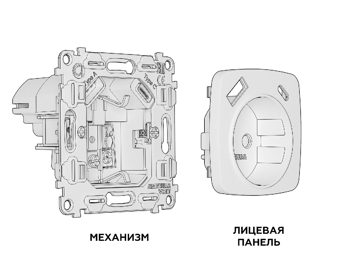 Комплект механизма розетки 2USB A+C 20W (быстрая зарядка) с/з Ambrella Volt Omega MO810010 в Санкт-Петербурге