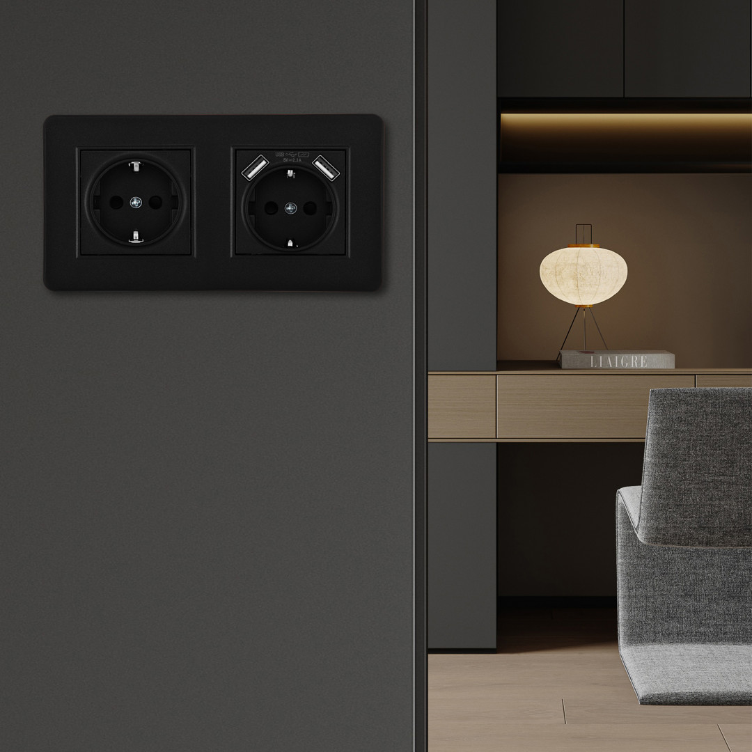 Розетка двойная (двухпостовая) с/з и шторками + USB Arte Milano SET16-2-47-1-40-1 black в Санкт-Петербурге