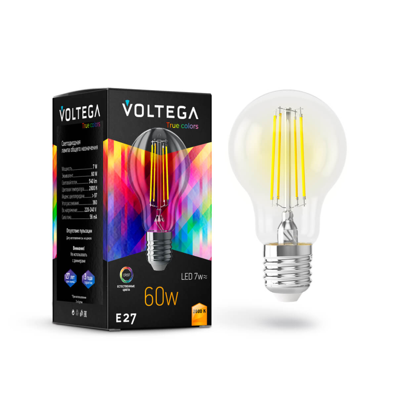 Лампа светодиодная Voltega E27 7W 2800K груша прозрачная VG10-A60E27warm7W-F 7140 в Санкт-Петербурге