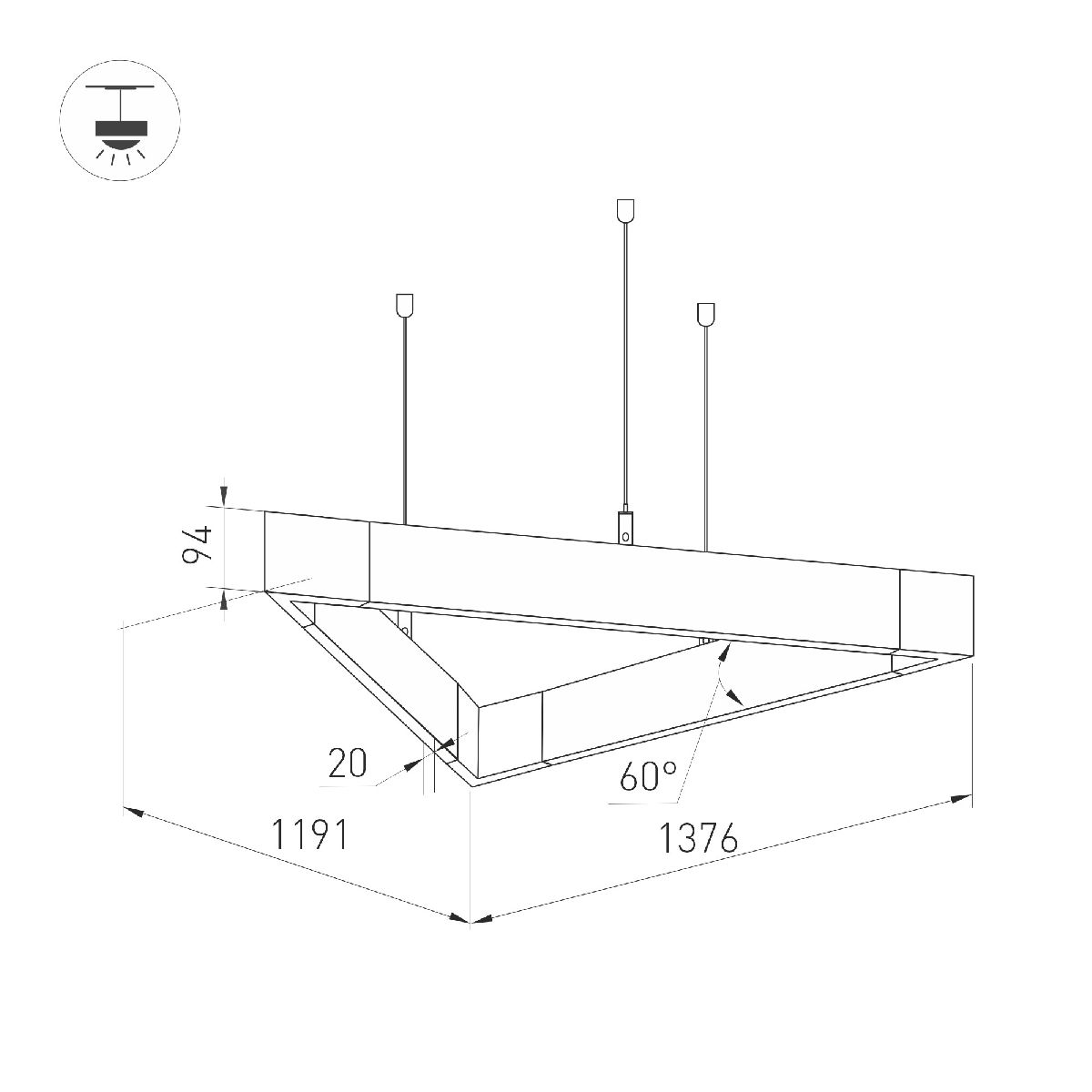 Подвесной светильник Arlight ALT-LINEAIR-TRIANGLE-FLAT-UPDOWN-DIM-1375-130W Warm3000 040636 в Санкт-Петербурге