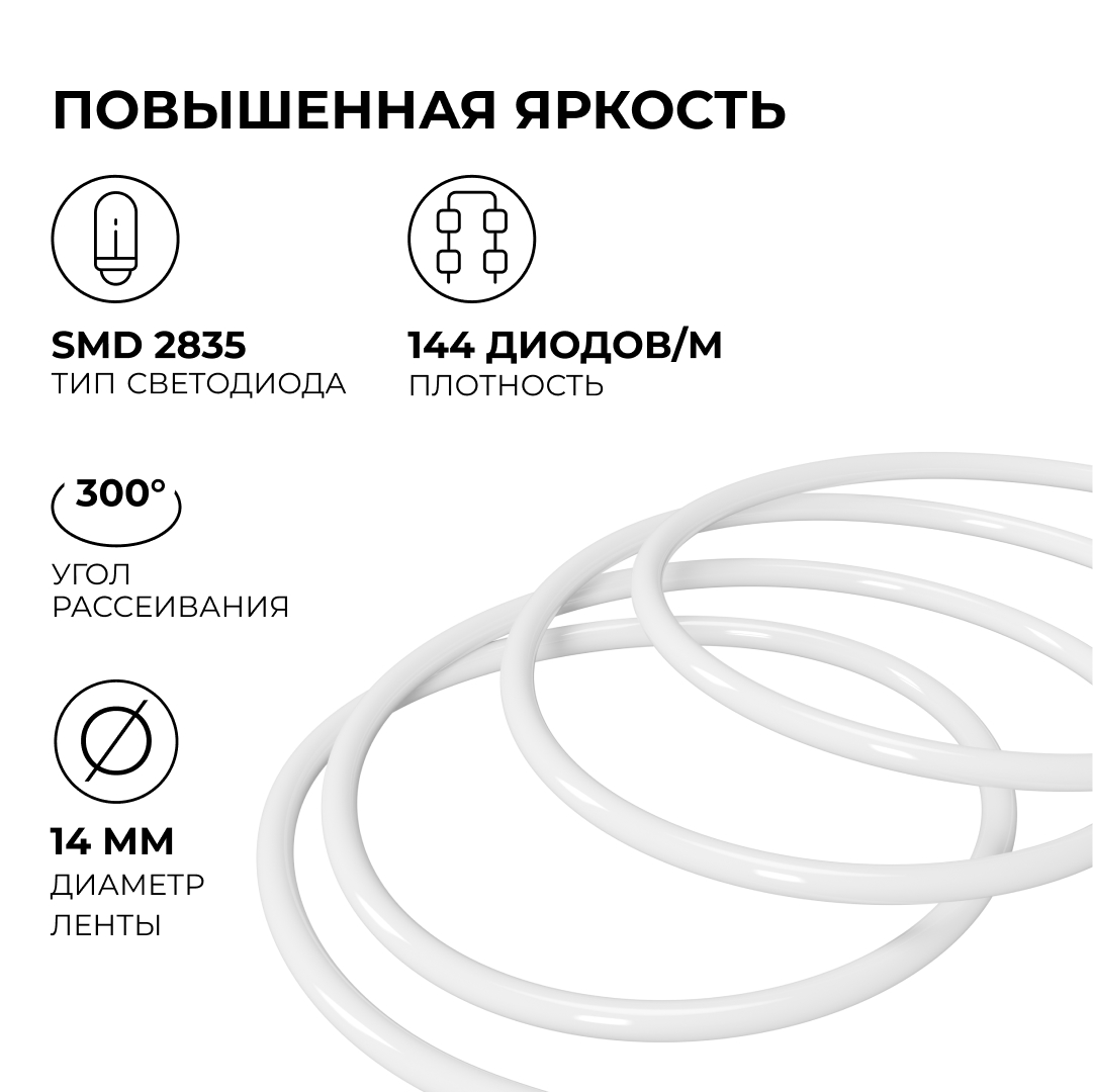 Комплект светодиодного неона Apeyron 220В, 6Вт/м, 300лм/м, 6500К, smd 2835, 144д/м 10м, IP65, с аксессуарами (сетевой шнур, заглушка, крепеж - 10шт) 10-115 в #REGION_NAME_DECLINE_PP#