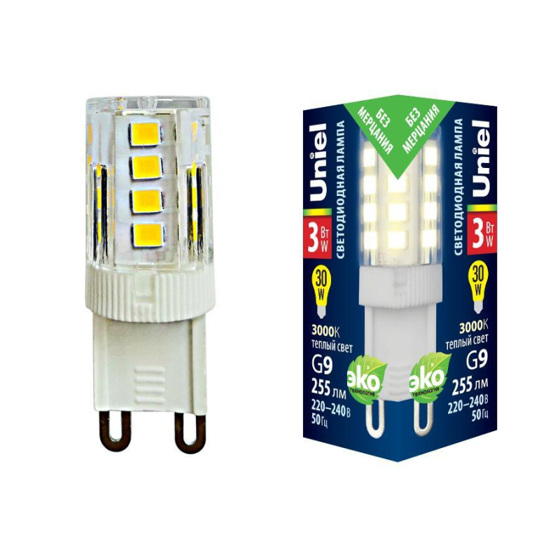 Лампа светодиодная (UL-00006746) Uniel G9 3W 3000K прозрачная LED-JCD-3W/3000K/G9/CL GLZ09TR в #REGION_NAME_DECLINE_PP#