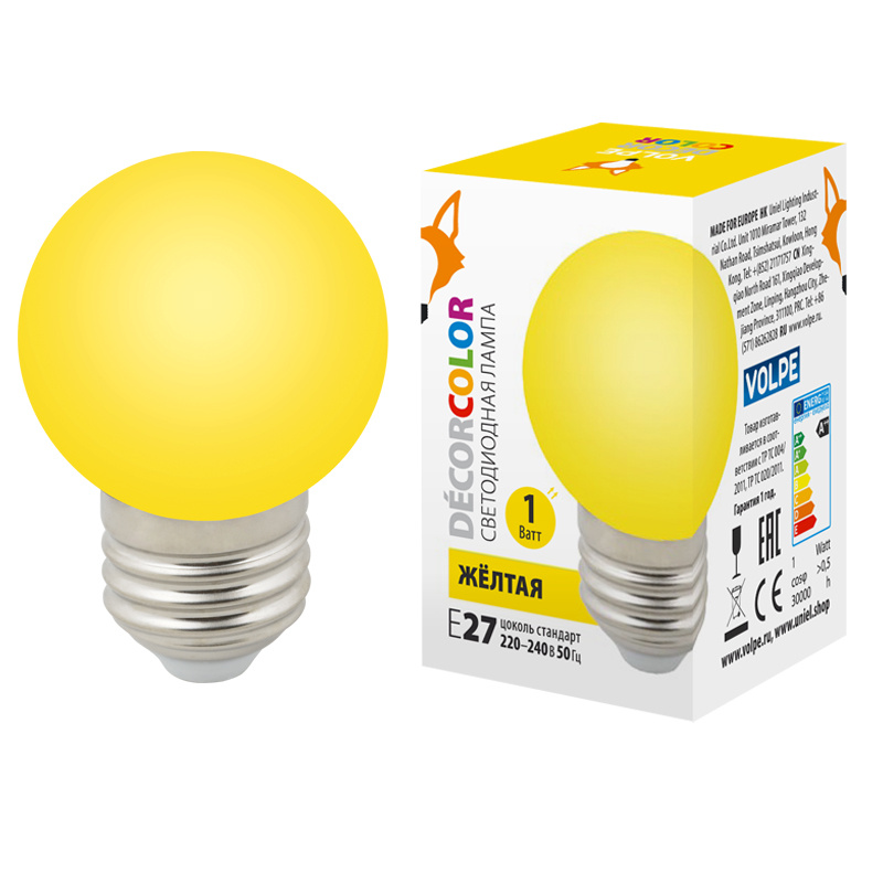 Лампа декоративная светодиодная (UL-00005649) Volpe E27 1W желтая LED-G45-1W/YELLOW/E27/FR/С в Санкт-Петербурге