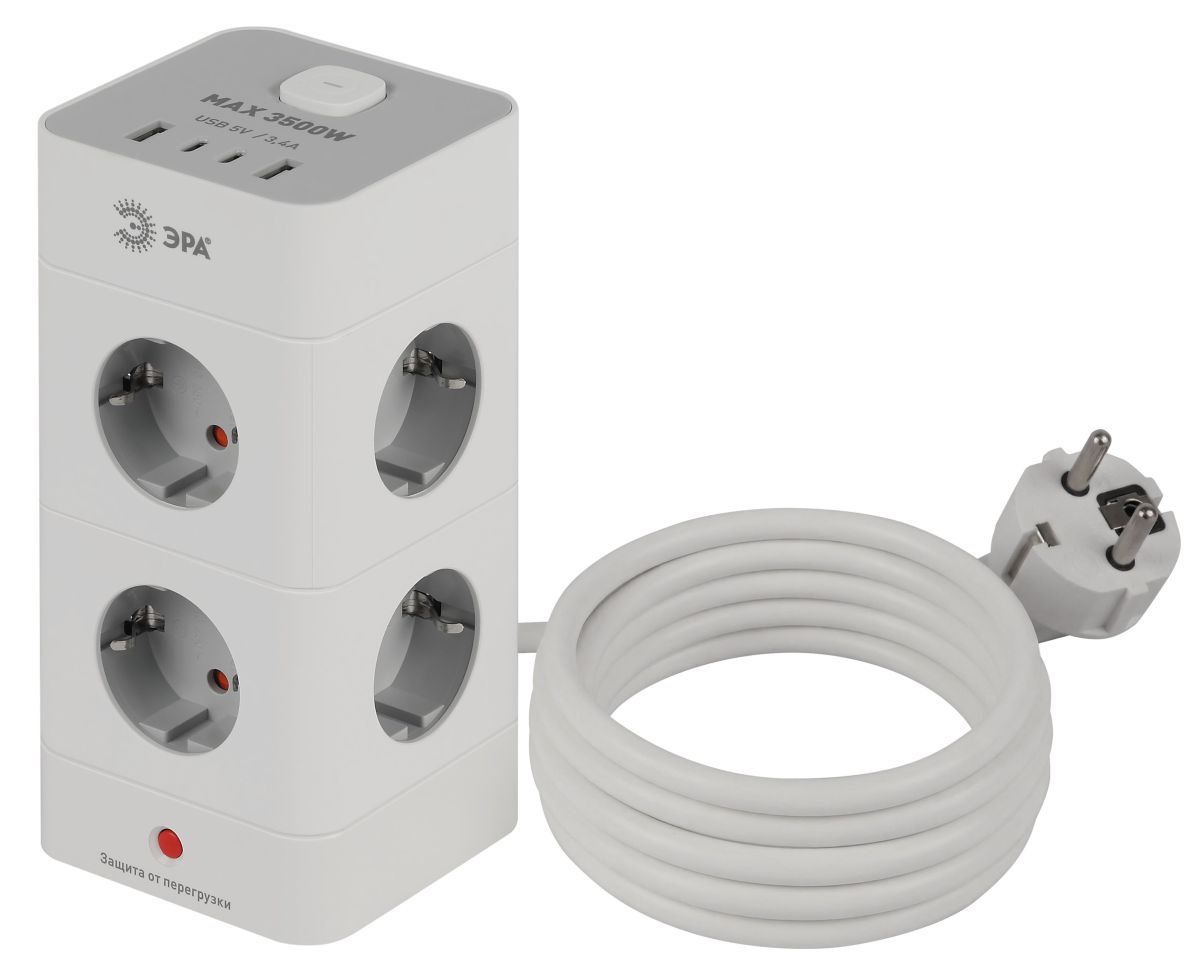 Сетевой фильтр ЭРА TWR-8es-1,5m-4USB-W башня с защитой заземлением с выключателем 8 розеток+4xUSBA+C 1,5м 16А белый Б0069071 в Санкт-Петербурге