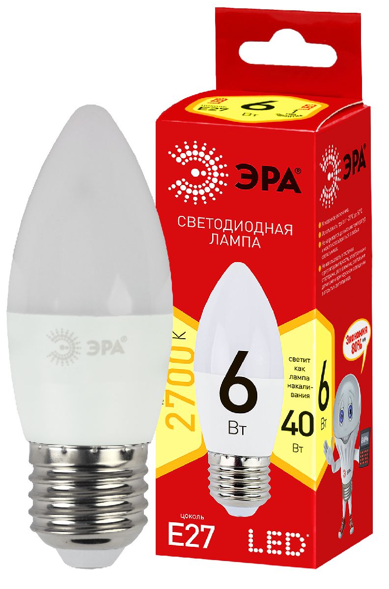 Лампа светодиодная Эра E27 6W 2700K ECO LED B35-6W-827-E27 Б0020620 в #REGION_NAME_DECLINE_PP#