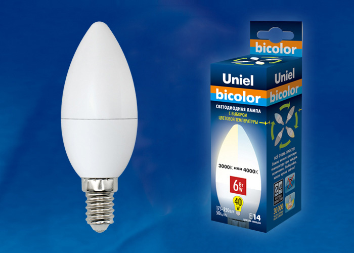 Лампа светодиодная (UL-00001570) Uniel E14 6W 4000K матовая LED-C37-6W/WW+NW/E14/FR PLB01WH в #REGION_NAME_DECLINE_PP#