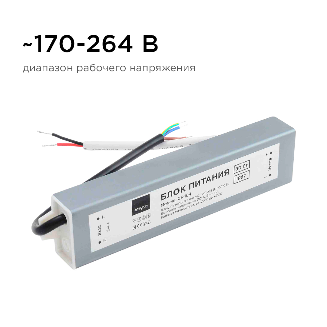 Блок питания Apeyron 12В (СТ) 60Вт импульсный IP67 170-264В 5А 03-104 в Санкт-Петербурге