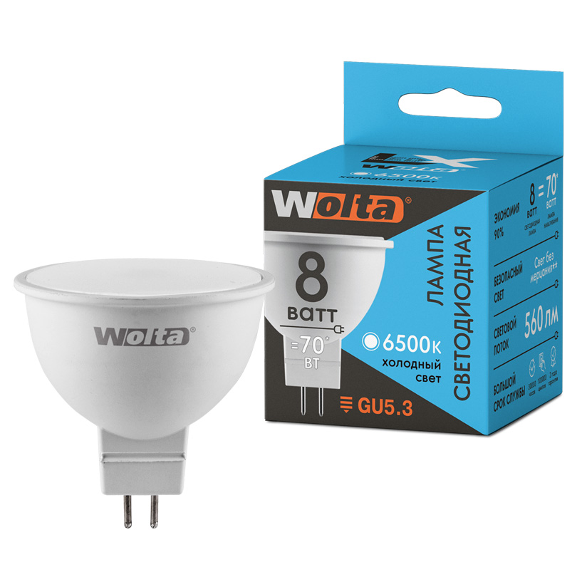 Светодиодная лампа WOLTA LX 8Вт 6500K GU5.3 матовая 30WMR16-220-8GU5.3 в Санкт-Петербурге
