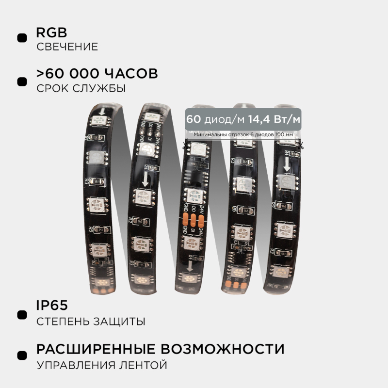 Комплект адресной светодиодной ленты Apeyron 24В 14,4Вт/м smd5050 60д/м IP65 5м RGB (адаптер питания, контроллер) 10-98 в #REGION_NAME_DECLINE_PP#
