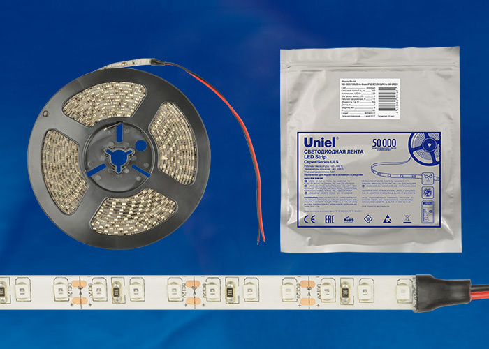 Светодиодная влагозащищенная лента Uniel (UL-00002252) 9,6W/m 120LED/m 2835SMD зеленый 5M ULS-2835-120LED/m-8mm-IP65-DC12V-9,6W/m-5M-GREEN в Санкт-Петербурге