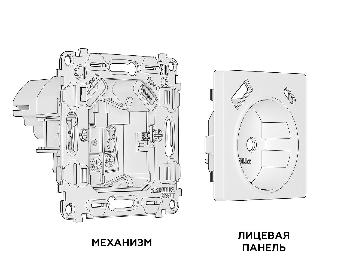 Комплект механизма розетки 2USB A+C 20W (быстрая зарядка) с/з Ambrella Volt Alfa MA410010 в Санкт-Петербурге