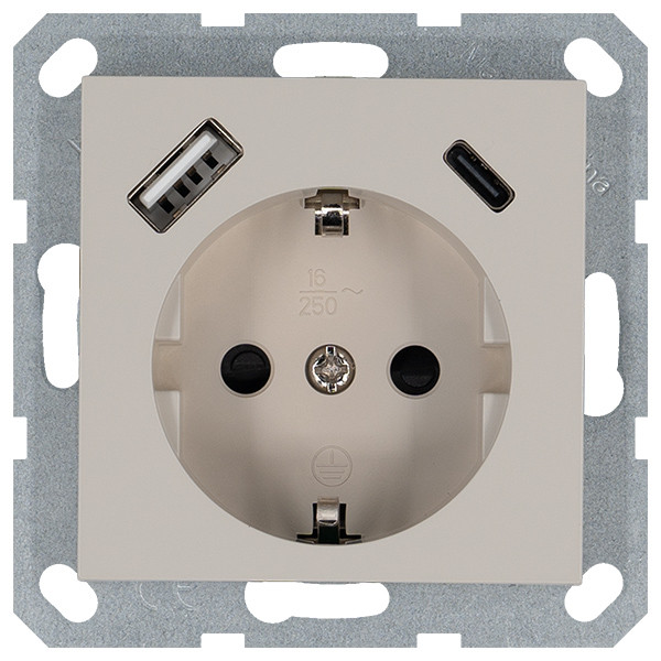 Розетка SHUKO с USB A+C с защитными шторками 16A 250V 2P+T USB 25W, цвет Тауп Jasmart G5501USB-25T в Санкт-Петербурге