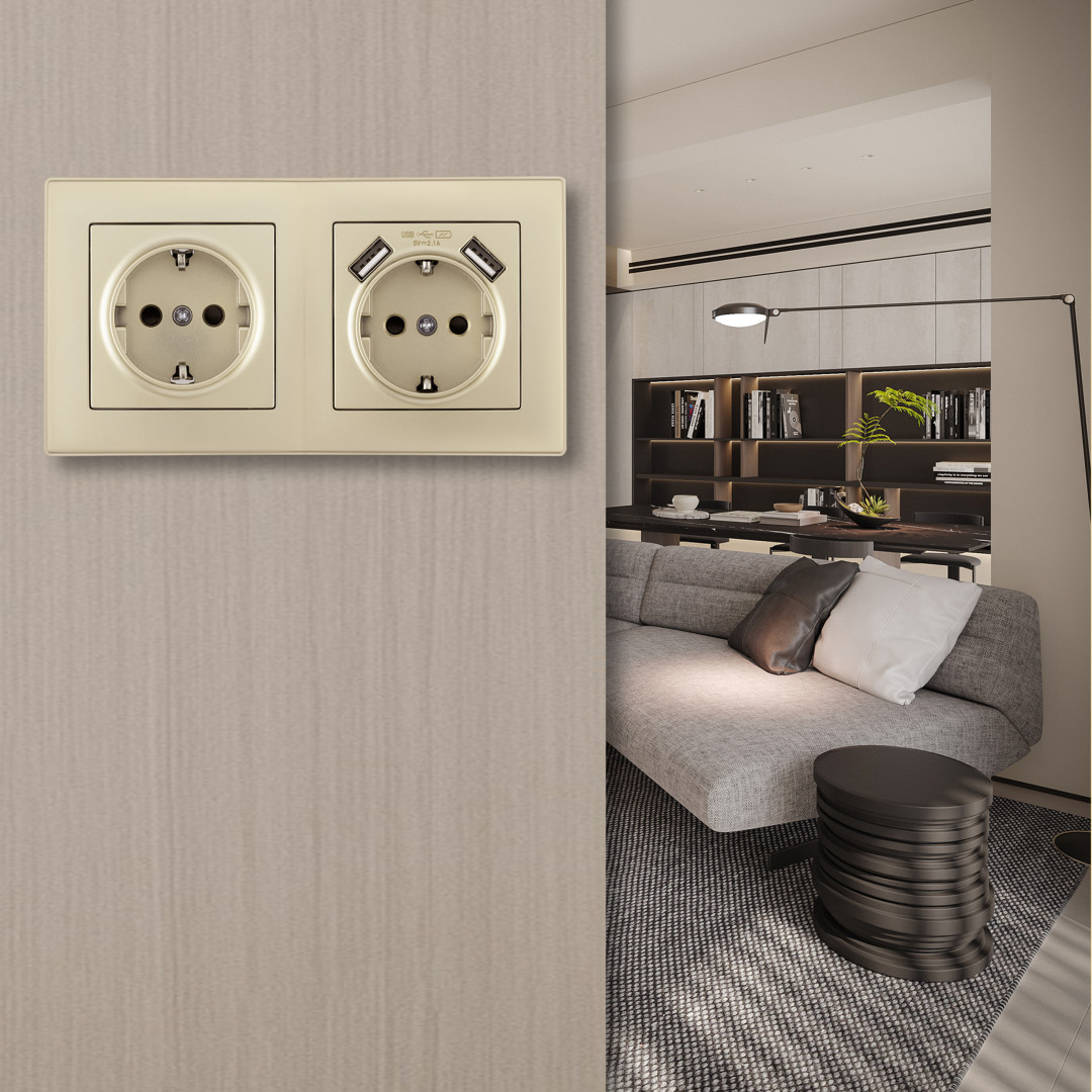 Розетка двойная (двухпостовая) с USB Arte Milano SET06-2-47-1-40-1 shampan в Санкт-Петербурге