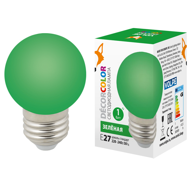 Лампа декоративная светодиодная (UL-00005648) Volpe E27 1W зеленая LED-G45-1W/GREEN/E27/FR/С в Санкт-Петербурге