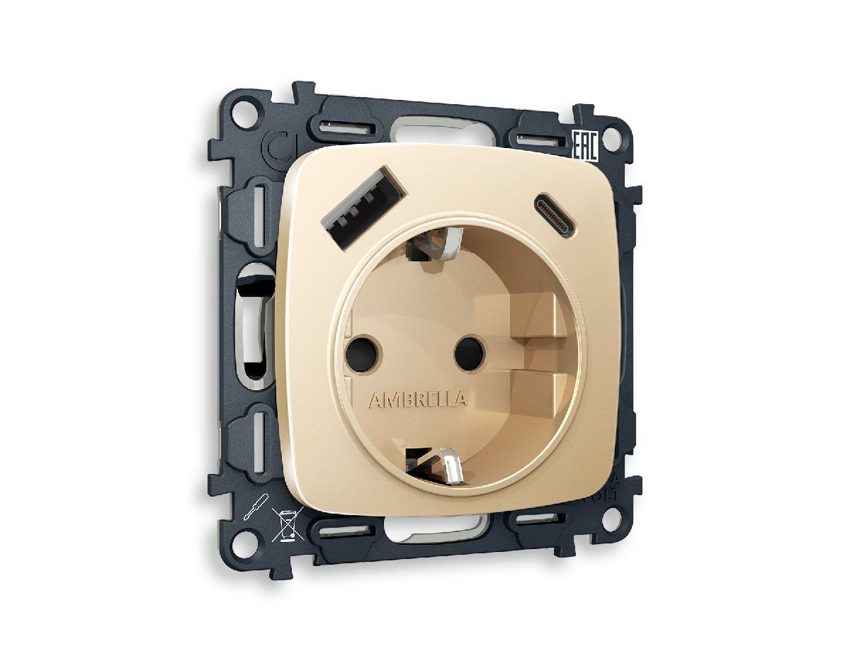 Комплект механизма розетки 2USB A+C 20W (быстрая зарядка) с/з Ambrella Volt Omega MO610010 в Санкт-Петербурге
