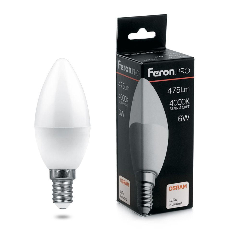 Лампа светодиодная Feron E14 6W 4000K свеча матовая LB-1306 38045 в #REGION_NAME_DECLINE_PP#