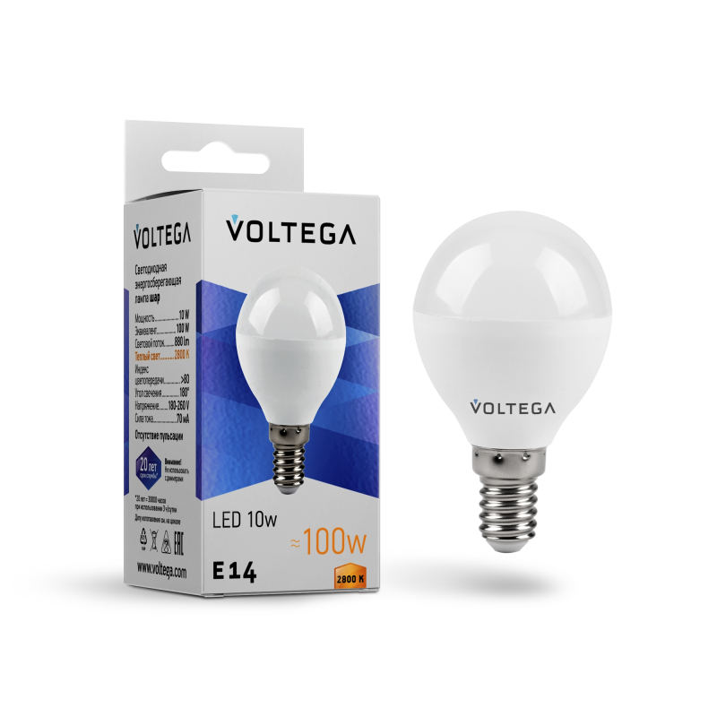 Лампа светодиодная Voltega E14 10W 2800K шар матовый VG2-G45E14warm10W 8453 в Санкт-Петербурге