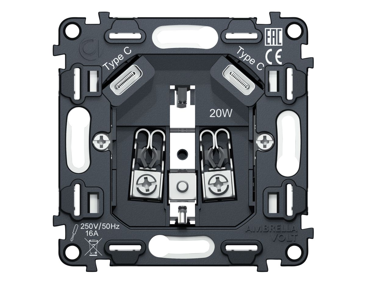 Механизм электрической розетки 2USB С+C 20W (быстрая зарядка) с/з на винтовых зажимах 16A-250V QUANT Ambrella Volt VM165 в #REGION_NAME_DECLINE_PP#