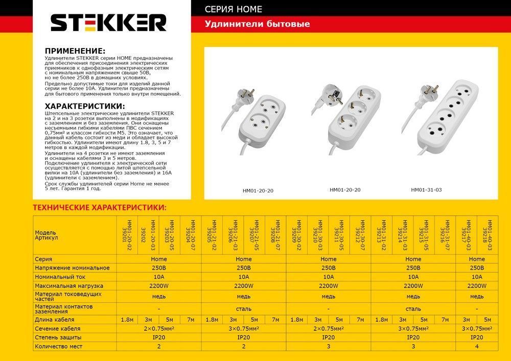 Удлинитель 2-местный Stekker HM01-20-02 2м 39201 в Санкт-Петербурге