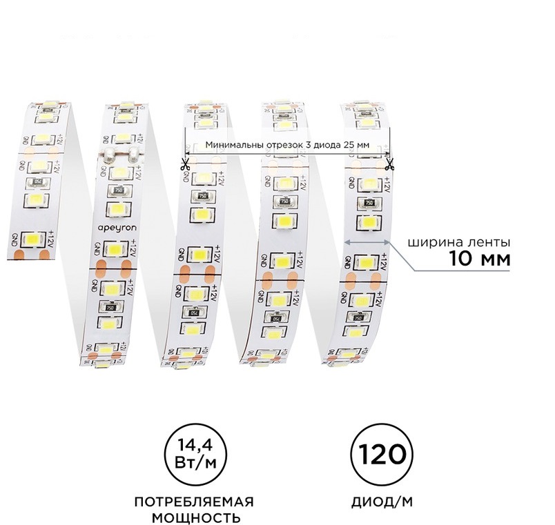 Светодиодная лента Apeyron Стандарт 12В 2835 14,4Вт/м 400К 5м IP20 00-53 в Санкт-Петербурге