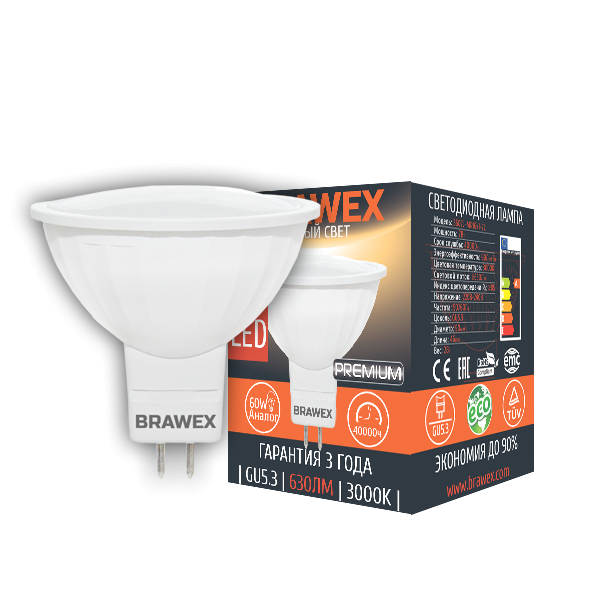 Лампа светодиодная Brawex рефлектор матовый GU5.3 7Вт 3000K 3607J-MR16k1-7L в Санкт-Петербурге