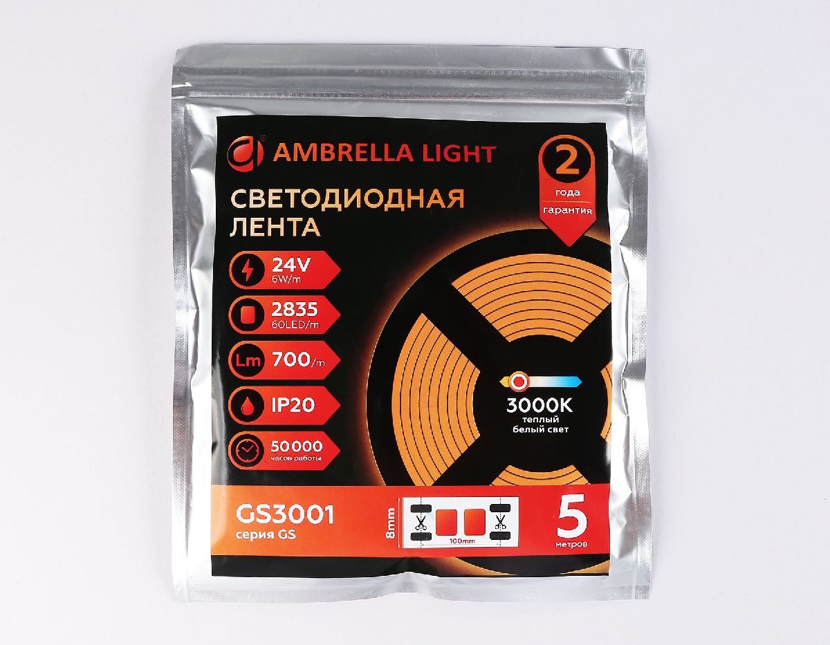 Светодиодная лента Ambrella Light LED Strip 24В 2835 6Вт/м 3000K 5м IP20 GS3001 в Санкт-Петербурге