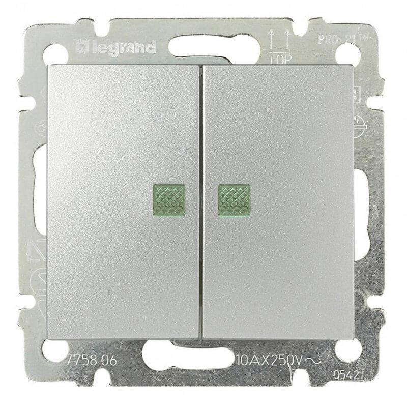 Переключатель двухклавишный на 2 направления Legrand Valena 10A 250V с подсветкой алюминий 770212 в Санкт-Петербурге