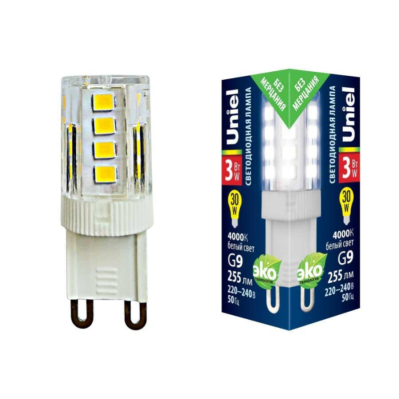 Лампа светодиодная (UL-00006747) Uniel G9 3W 4000K прозрачная LED-JCD-3W/4000K/G9/CL GLZ09TR в #REGION_NAME_DECLINE_PP#