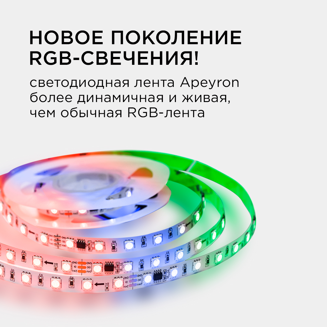 Комплект адресной светодиодной ленты Apeyron 24В 14,4Вт/м smd5050 60д/м IP20 2м RGB (адаптер питания, контроллер) 10-91 в Санкт-Петербурге