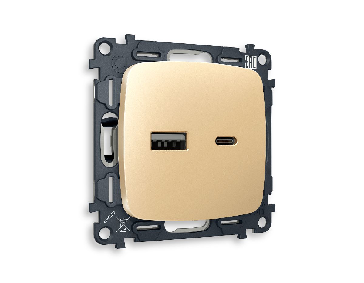 Комплект механизма розетки 2USB A+C 20W (быстрая зарядка) Ambrella Volt Omega MO611010 в Санкт-Петербурге