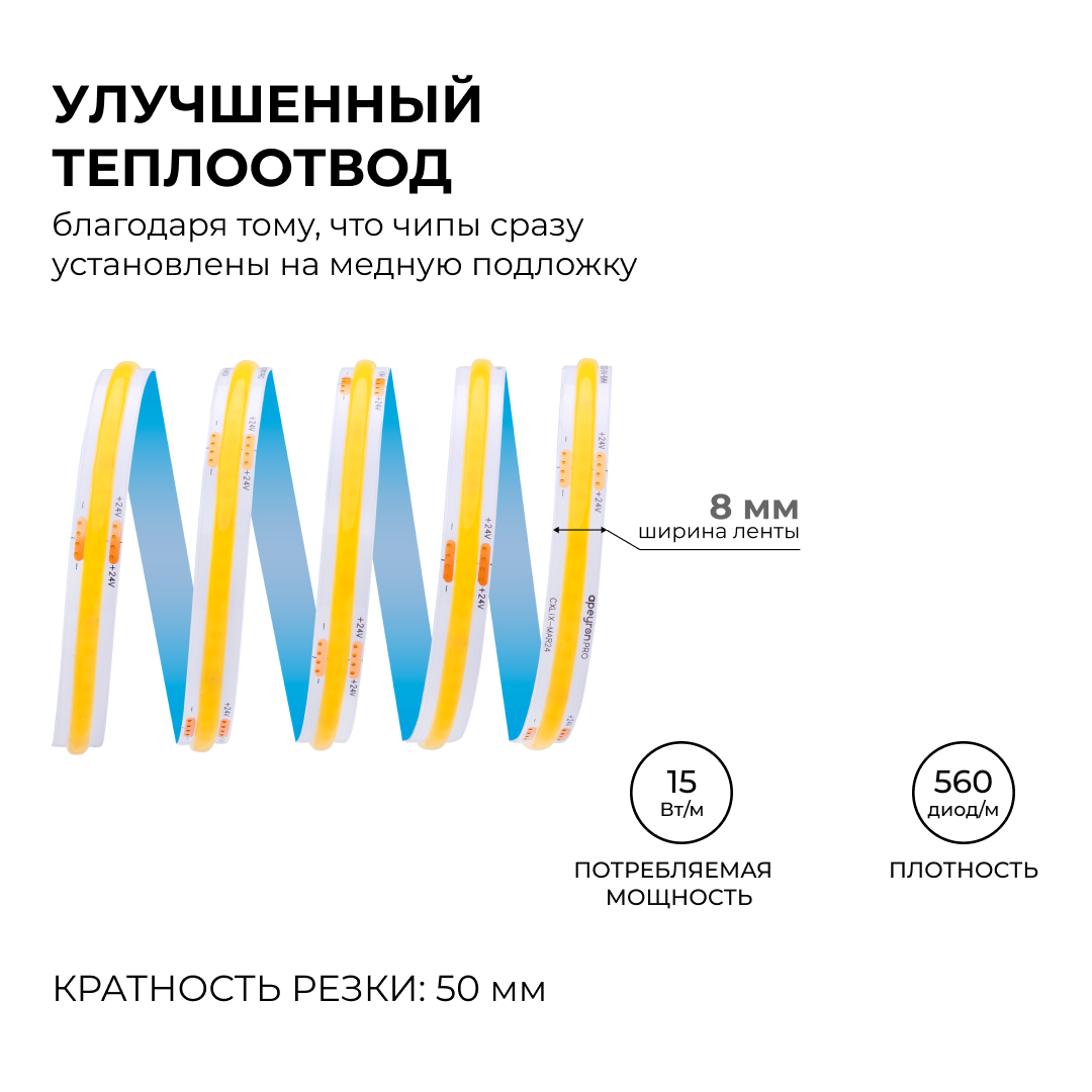 Светодиодная лента Apeyron 24В COB 15Вт/м 3000К 5м IP20 00-480 в Санкт-Петербурге