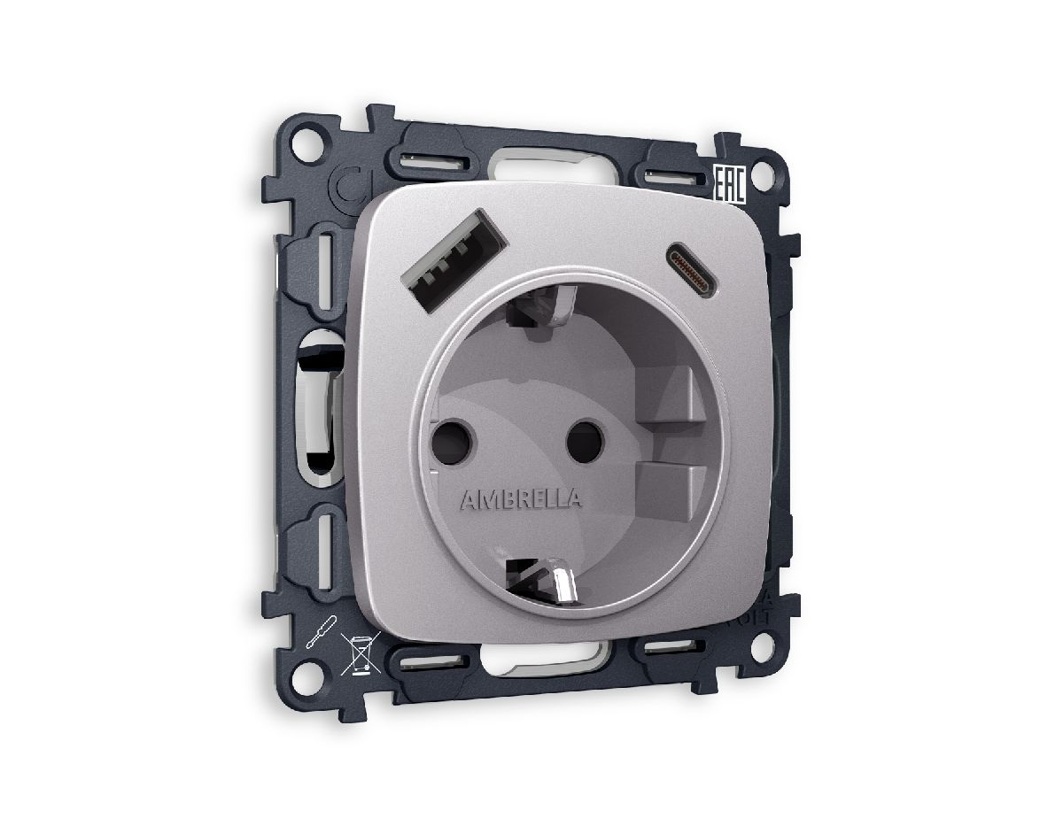 Комплект механизма розетки 2USB A+C 20W (быстрая зарядка) с/з Ambrella Volt Omega MO510010 в Санкт-Петербурге