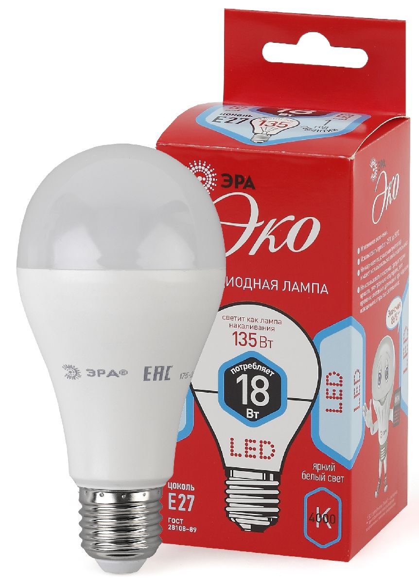 Лампа светодиодная Эра E27 18W 4000K ECO LED A65-18W-840-E27 Б0031708 в Санкт-Петербурге