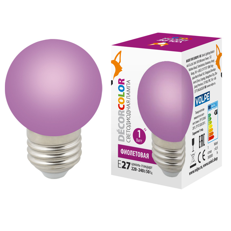 Лампа декоративная светодиодная (UL-00005652) Volpe E27 1W фиолетовая LED-G45-1W/PURPLE/E27/FR/С в Санкт-Петербурге