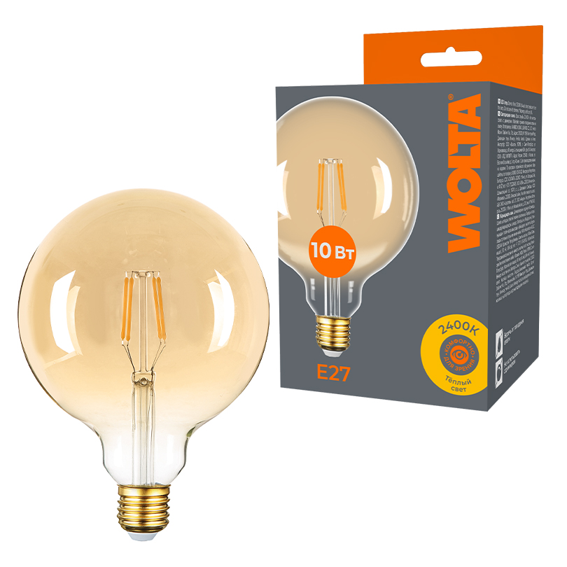Лампа светодиодная филаментная WOLTA 10Вт 2400K Е27 шар прозрачный WF-G125-10W2.4KE27 в Санкт-Петербурге