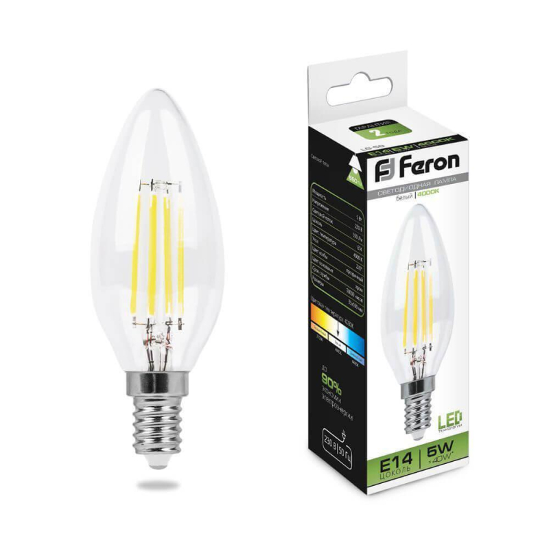 Лампа светодиодная филаментная Feron E14 5W 4000K Свеча Прозрачная LB-58 25573 в Санкт-Петербурге