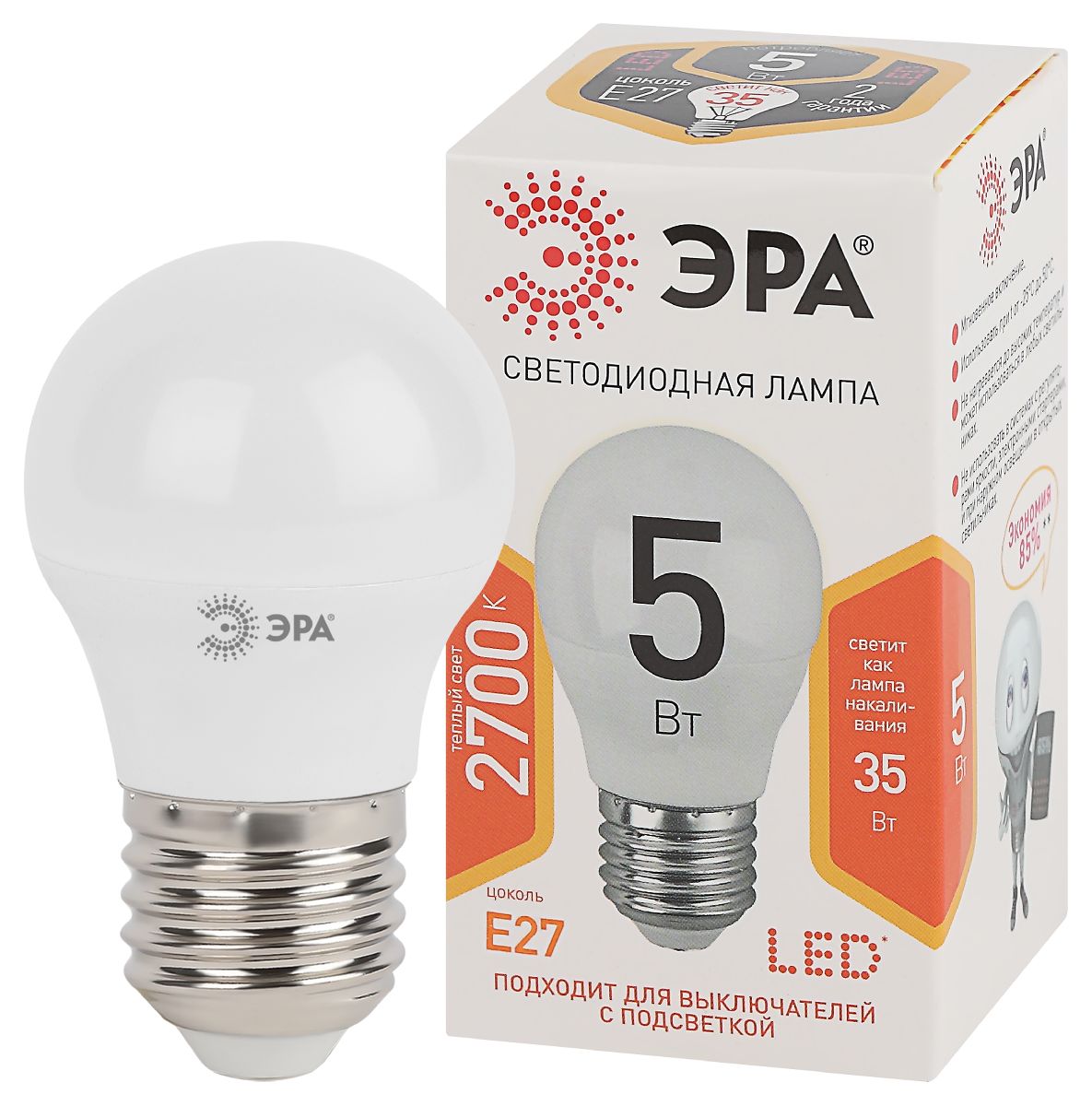 Лампа светодиодная Эра E27 5W 2700K LED P45-5W-827-E27 Б0028486 в Санкт-Петербурге