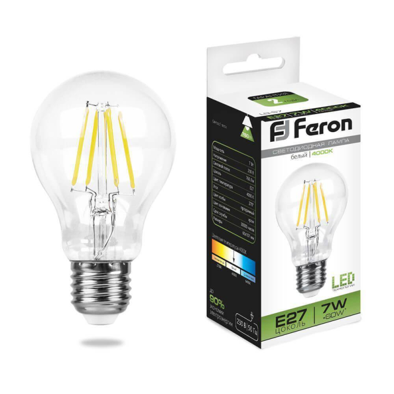 Лампа светодиодная филаментная Feron E27 7W 4000K Шар Прозрачная LB-57 25570 в Санкт-Петербурге