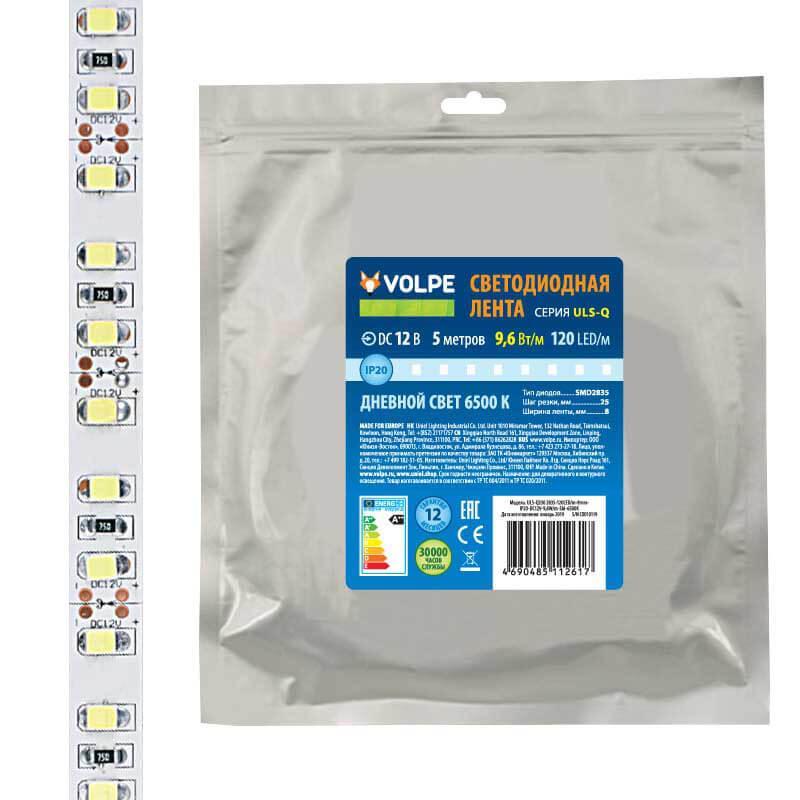 Светодиодная лента Volpe 9,6W/m 120LED/m 2835SMD холодный белый 5M ULS-Q330 2835-120LED/m-8mm-IP20-DC12V-9,6W/m-5M-6500K UL-00004539 в Санкт-Петербурге