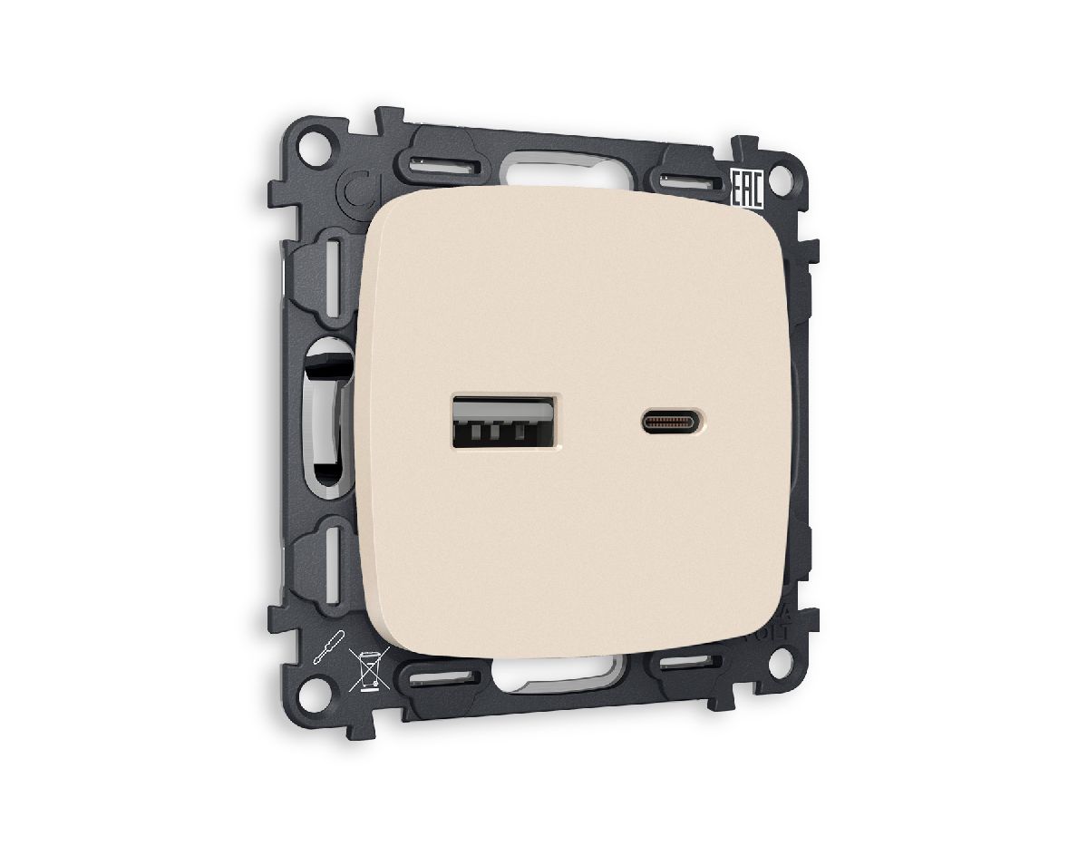 Комплект механизма розетки 2USB A+C 20W (быстрая зарядка) Ambrella Volt Omega MO331010 в Санкт-Петербурге