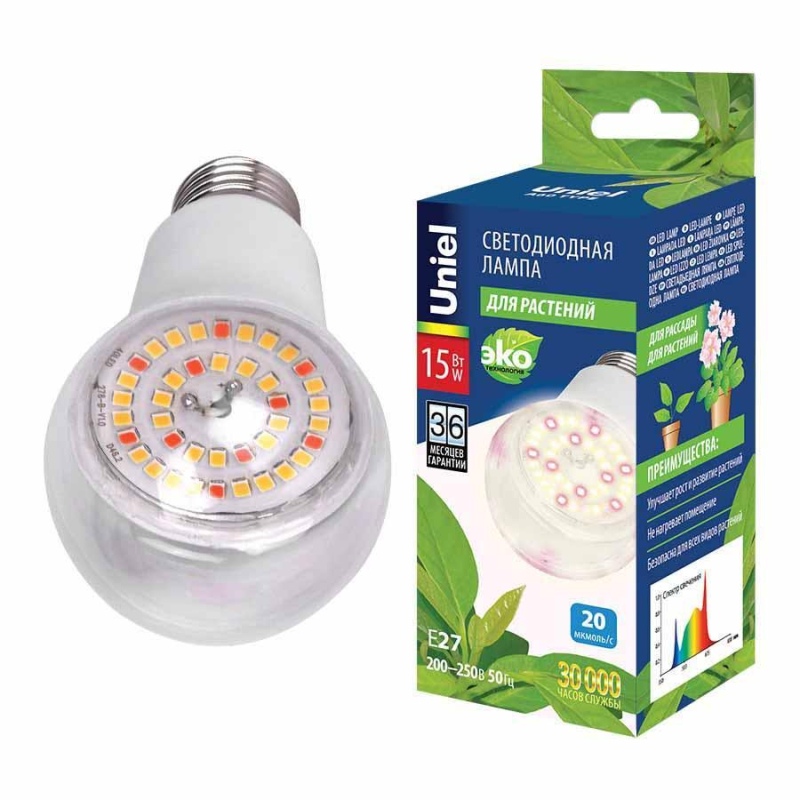 Лампа светодиодная для растений (UL-00007405) Uniel E27 15W груша прозрачная LED-A60-15W/SPFB/E27/CL PLP30WH в #REGION_NAME_DECLINE_PP#