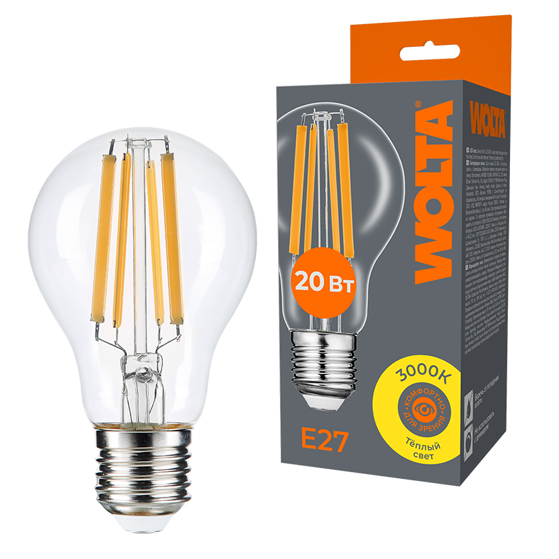 Лампа светодиодная филаментная WOLTA 20Вт 3000K Е27 груша прозрачная WF-A60-20W3KE27 в Санкт-Петербурге